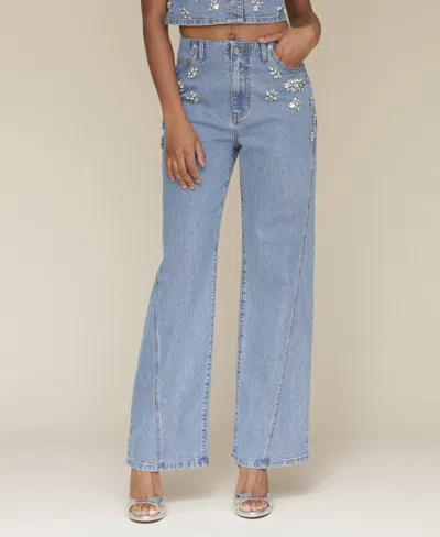 Avec Les Filles Hollywood Embellished Wide Leg Jeans In Blue