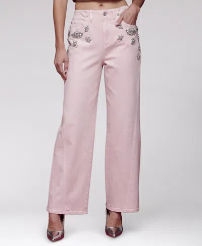 Avec Les Filles Women's Rhinestone-trim Hollywood-waist Wide-leg Jeans In Pink