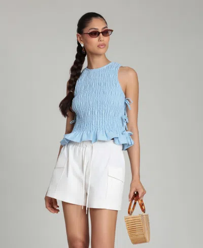 Avec Les Filles Smock Linen Blend Top In Blue