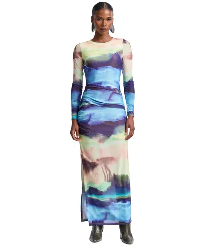 Avec Les Filles Women's Scoop Neck Long-sleeve Shirred Waist Maxi Dress In Multi
