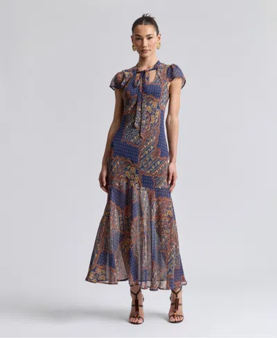 Avec Les Filles Women's Scoop Neck Tie Detail Godet Maxi Dress In Navy Medallion Scarf