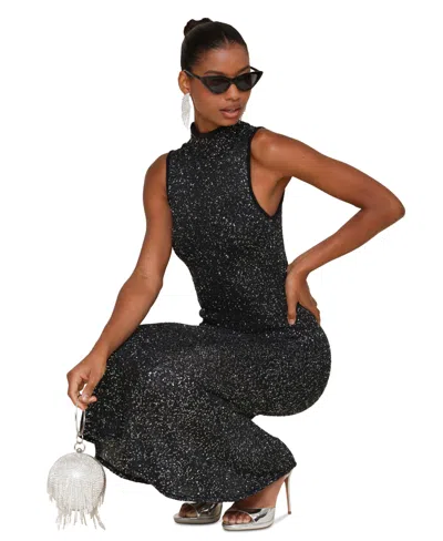 Avec Les Filles Women's Sequined Midi Sweater Dress In Black,silver