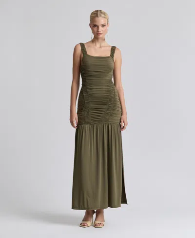 Avec Les Filles Women's Shirred Mesh Drop Waist Maxi Dress In Green