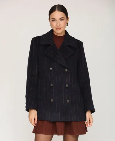 Avec Les Filles Women's Short Double Breasted Wool Pinstripe Coat In Black