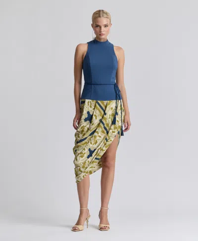 Avec Les Filles Women's Sleeveless Belted Mock Neck Asymetric Drape Midi Dress