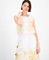 Avec Les Filles Womens Sleeveless Embroidered Drawstring Hem Top Embroidered Midi Skirt In White