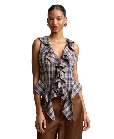 Avec Les Filles Women's Sleeveless Ruffle Top In Blue