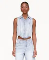 Avec Les Filles Sleeveless Tuxedo Crop Denim Shirt