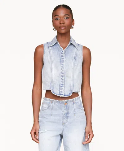 Avec Les Filles Women's Sleeveless Tuxedo Cotton Denim Shirt