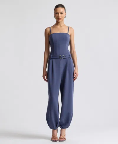 Avec Les Filles Women's Square Neck Belted Jumpsuit In Blue
