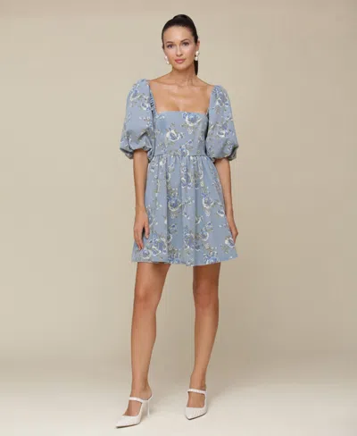 Avec Les Filles Women's Square-neck Short-sleeve Baby Doll Dress In Light Blue Floral