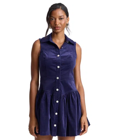 Avec Les Filles Women's Stretch Corduroy Collared Sleeveless Mini Dress In Blue