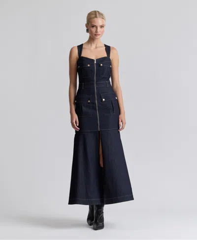 Avec Les Filles Women's Stretch Denim Cargo Zip-front Midi Dress In Blue