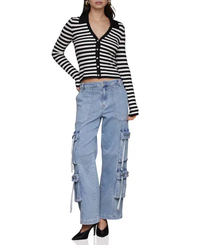 Avec Les Filles Women's Stripe Polo Long-sleeve Cardigan Sweater In White