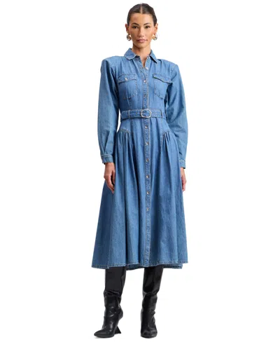 Avec Les Filles Women's Strong Shoulder Belted Denim Midi Shirt Dress In Blue