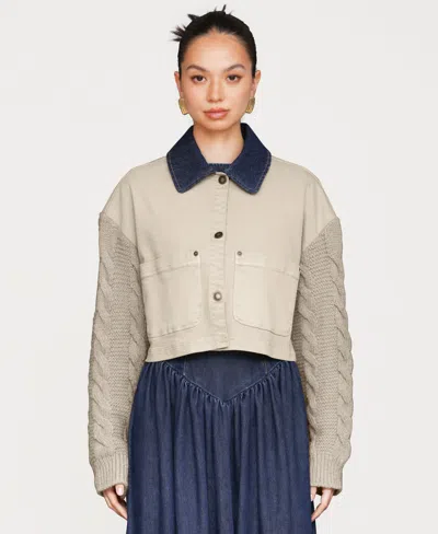 Avec Les Filles Women's Sweater-sleeve Rinse Wash Denim Chore Jacket In Sand
