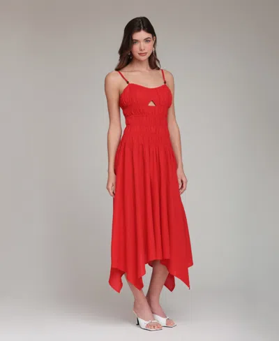 Avec Les Filles Women's Sweetheart Neck Shirred Handkerchief Hem Midi Dress In Red