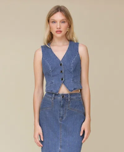 Avec Les Filles Women's Tailored Fitted Button-front Vest In Medium Blue Pinstripe
