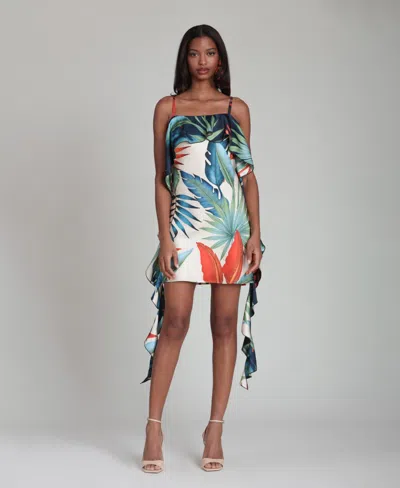 Avec Les Filles Women's Tropical Satin Asymmetric Drape Mini Dress In Multi