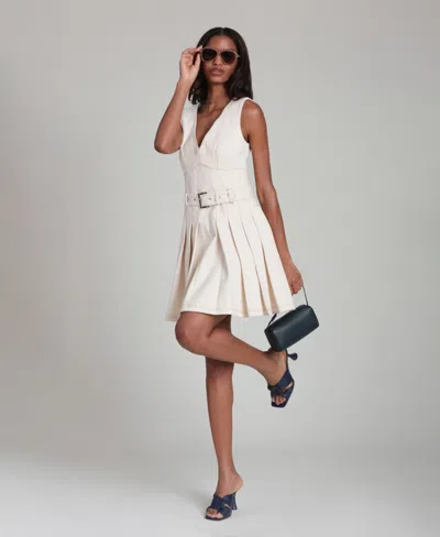 Avec Les Filles Women's V-neck Belted Pleated Mini Dress In White