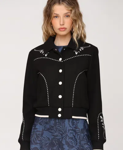Avec Les Filles Women's Western Bomber Piping And Embroidery Jacket In Black