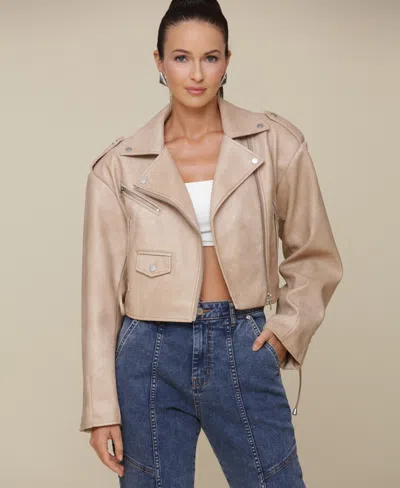 Avec Les Filles Women's Wide-shoulder Cropped Biker Jacket In Khaki