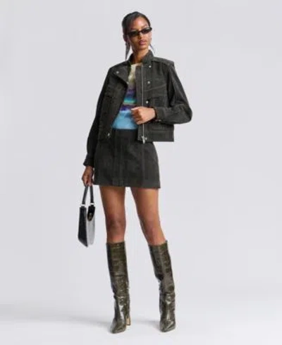 Avec Les Filles Womens Asymmetrical Bomber Zip Front Faux Suede Jacket Corset Seamed Mini Skirt In Black