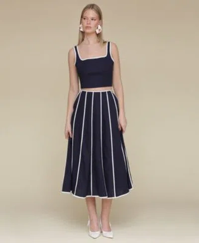 Avec Les Filles Womens Contrast Trim Linen Blend Crop Top Contrast Trim Linen Blend Midi Skirt In Multi