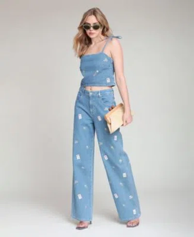 Avec Les Filles Womens Denim Tie Top High Rise Printed Jeans In Blue