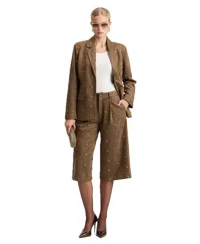 Avec Les Filles Womens Hourglass Embellished Fitted Blazer High Waist Wide Leg Culotte In Brown