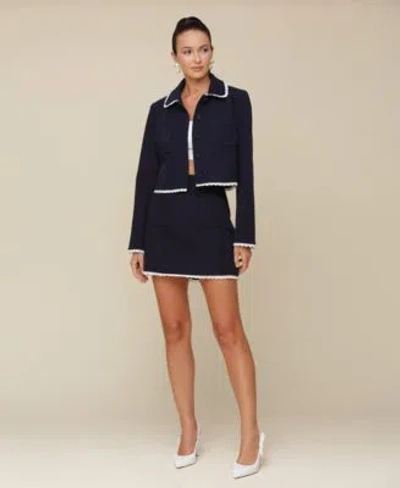 Avec Les Filles Womens Lace Trim Button Front Crop Jacket A Line Contrast Trim Mini Skirt In Navy