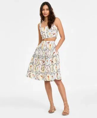 Avec Les Filles Womens Lace Trimmed Cropped Corset Top Printed Gathered Skirt In Garden Letterpress