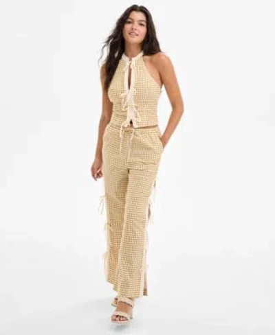 Avec Les Filles Womens Mandarin Collar Halter Top Side Tie Straight Leg Pants