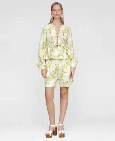Avec Les Filles Womens Printed Pleat Front Belted Shorts Balloon Sleeve Blouse