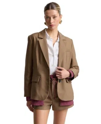 Avec Les Filles Womens Relaxed Notch Lapel Collar Blazer Stripe Shirt Double Waistband Mid Rise Shorts In Dark Oat,burgundy