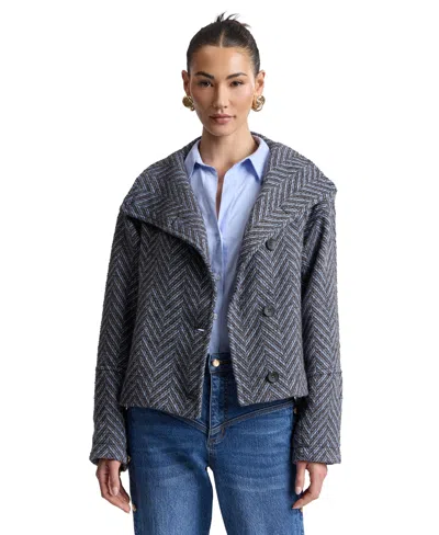 Avec Les Filles Womens Short Funnel Neck Wool Coat In Blue Chevron