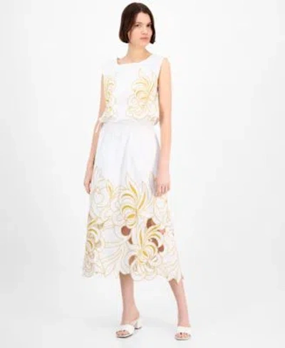 Avec Les Filles Womens Sleeveless Embroidered Drawstring Hem Top Embroidered Midi Skirt