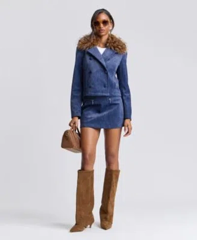 Avec Les Filles Womens Spread Collar Shrunken Coat Corduroy A Line Mini Skirt In Bright Blue