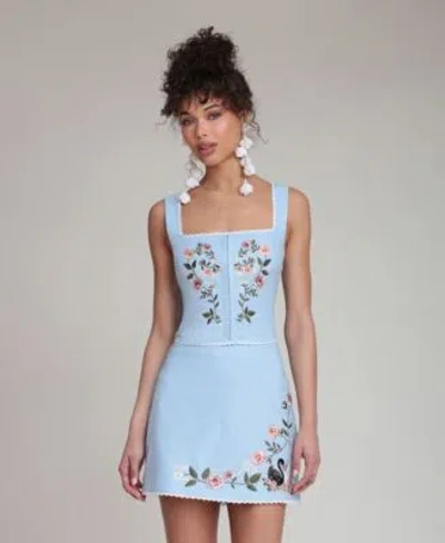 Avec Les Filles Womens Square Neck Sleeveless Top Embroidered Zippered Mini Skirt In Blue
