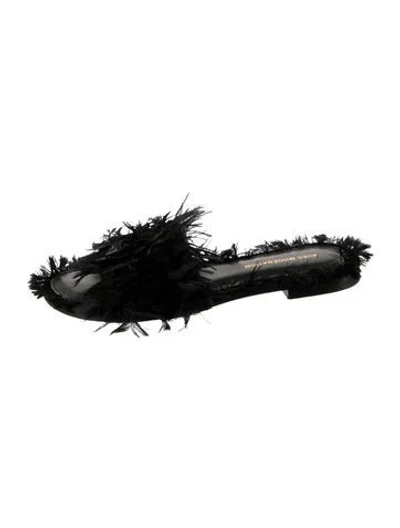 Pre-owned Avec Modération Leather Feather Trim Slides In Black