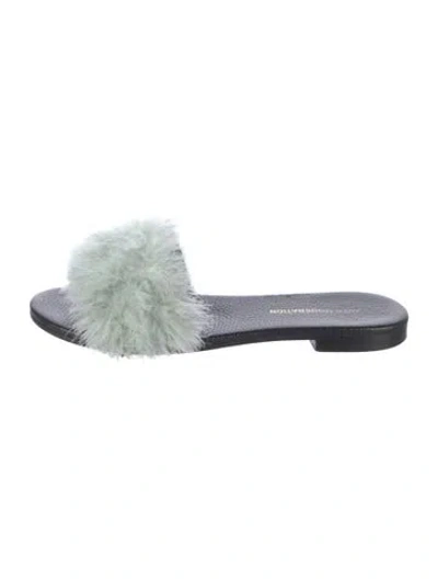 Pre-owned Avec Modération Leather Feather Trim Slides In Green