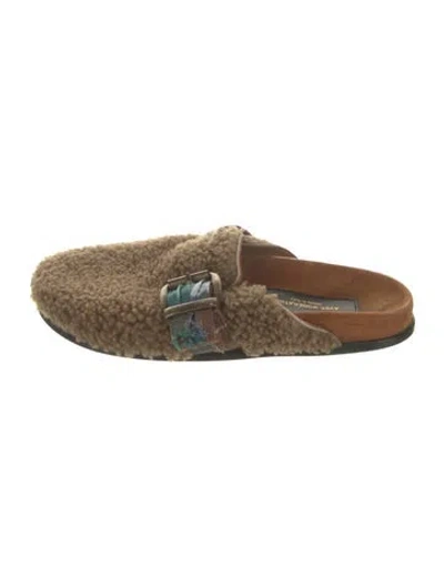 Pre-owned Avec Modération Shearling Plaid Print Mules In Brown