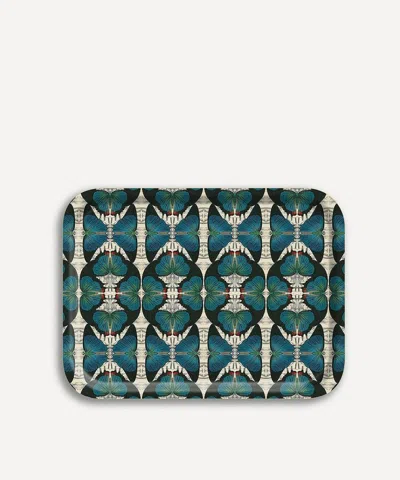 Avenida Home Blue Butterfly Square Birch Wood Tray In Multi