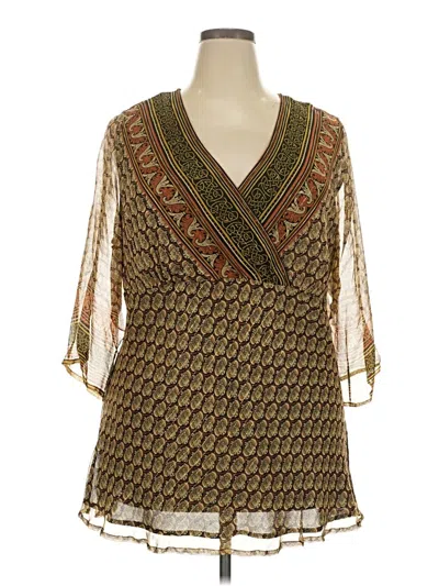 Pre-owned Avenue 3/4 Sleeve Silk Top Brown Graphic Pattern Plunge Neckline Tops