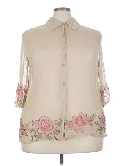 Pre-owned Avenue 3/4 Sleeve Silk Top Ivory Floral Pattern Mock Neckline Tops