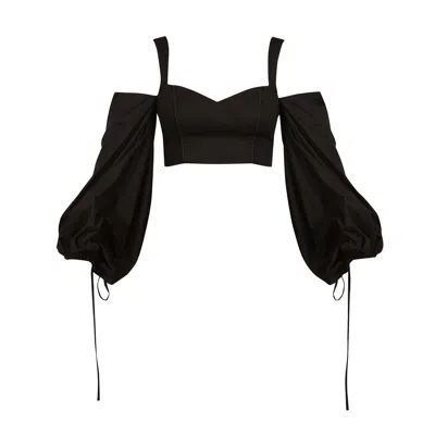 Avenue 8 Women's Black Drawstring Puff Sleeve Crop Blouse