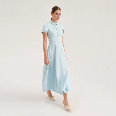 Avenue 8 Women's Blue Structured Sleeve Button-front Fitted Midi Flared Dress