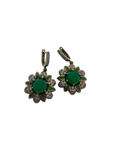 Avenue Chic Emerald Flower Earrings In Silver In Green