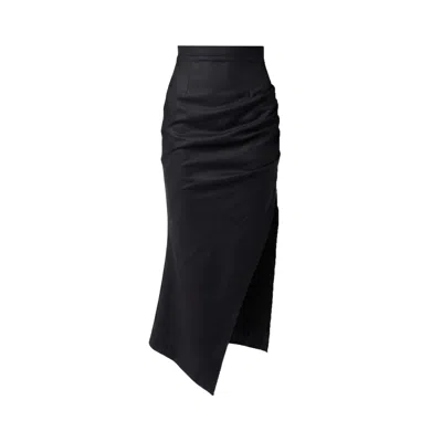 Avenue N°29 Women's Asymmetric Gathered Wool Midi Skirt - Black