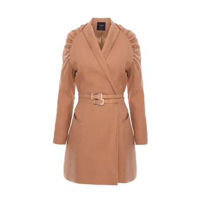 Avenue N°29 Women's Gathered Raglan Sleeve Linen Blazer Dress With Double Belt - Brown